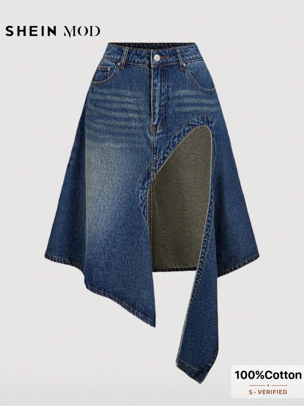 SHEIN Dark Blue Asymmetrical Denim Skirt with Front Cutout
